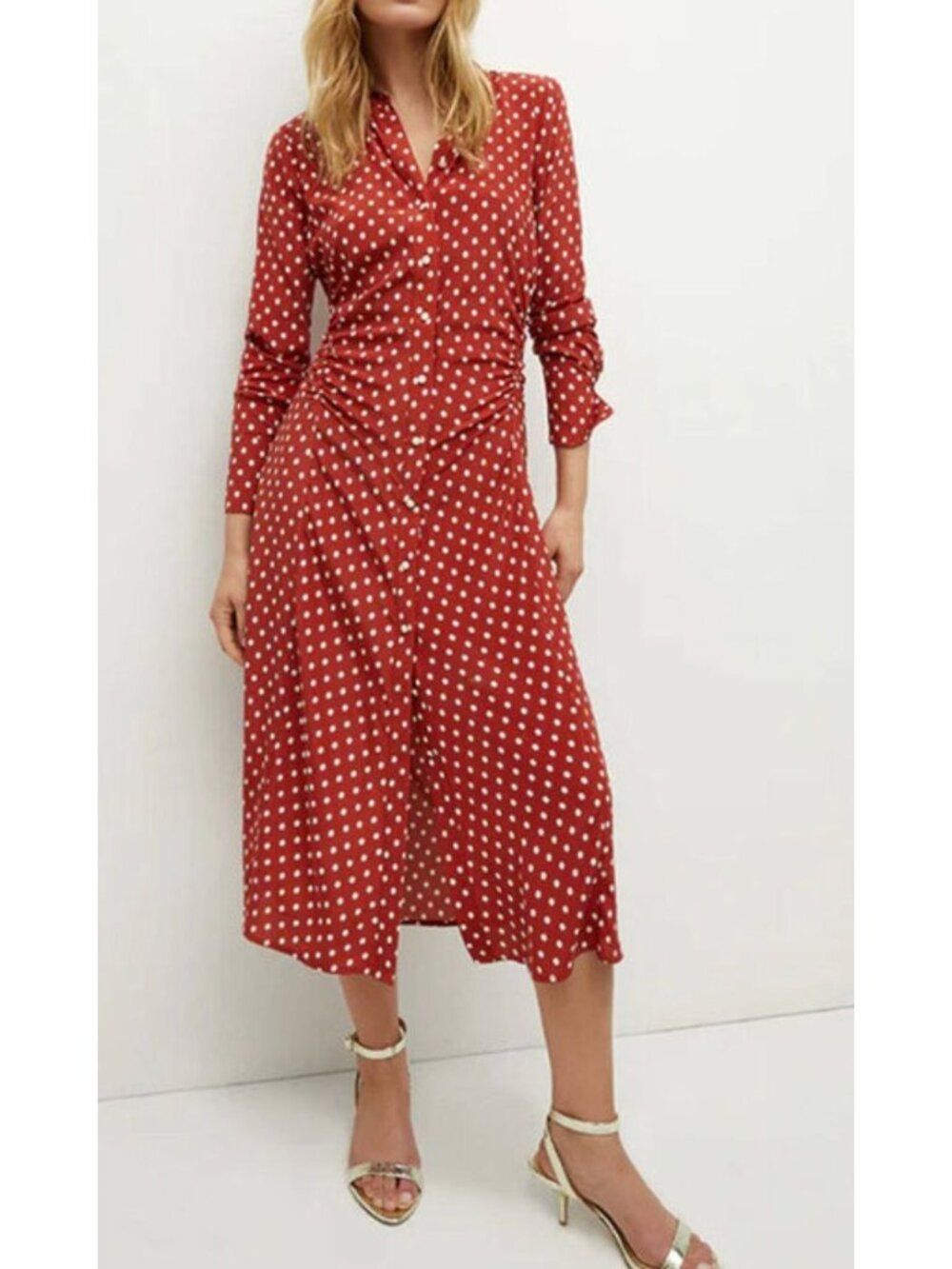 VERONICA BEARD Lex Polka Dot Long Sleeve Stretch Silk Midi Dress Red Size 2